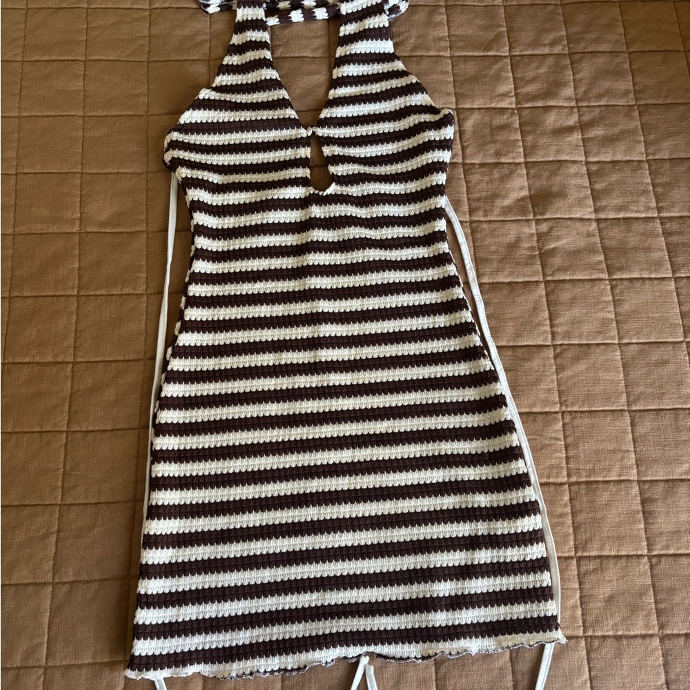 SHEIN brown and white striped mini dress , halter top , tried on
